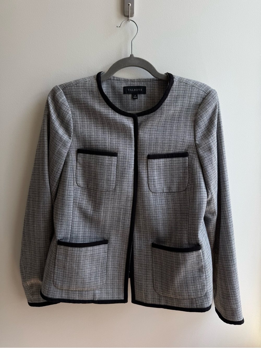 Talbots Gray Tweed Collarless Jacket with Black Trim Accents